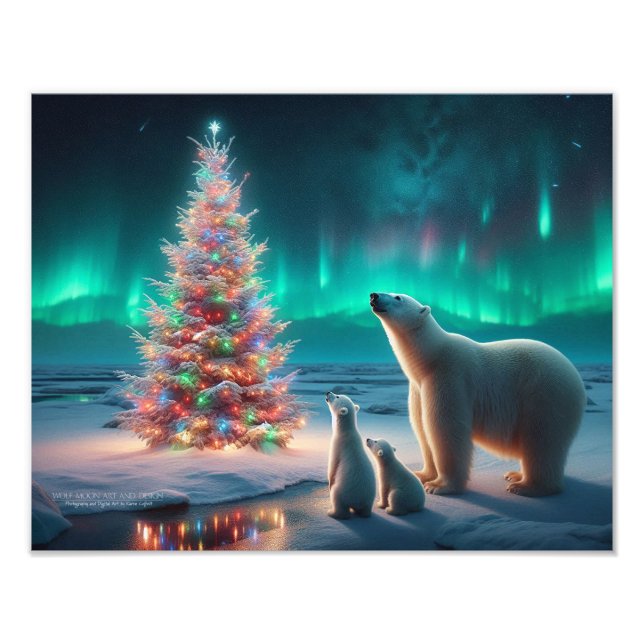 Polar Bear Mom Cubs Christmas Tree Aurora Borealis Photo Print (Front)