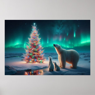 Polar Bear Mom Cubs Christmas Tree Aurora Borealis Poster