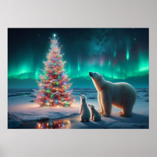 Polar Bear Mom Cubs Christmas Tree Aurora Borealis Poster