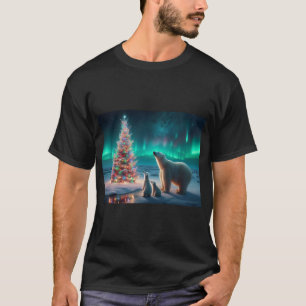 Polar Bear Mom Cubs Christmas Tree Aurora Borealis T-Shirt