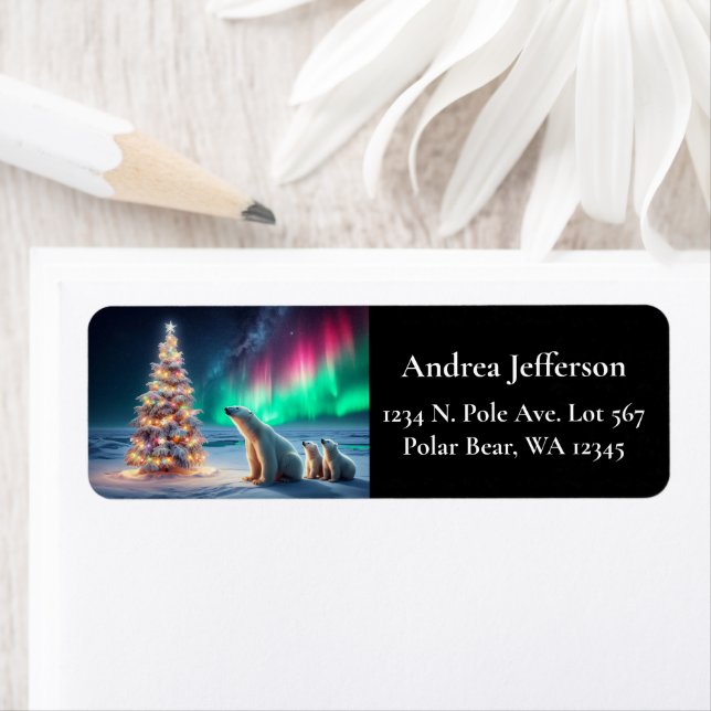 Polar Bear Mom Cubs Christmas Tree Northern Lights (Insitu)