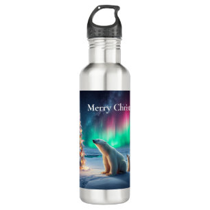 Polar Bear Mom Cubs Christmas Tree Northern Lights 710 Ml Water Bottle