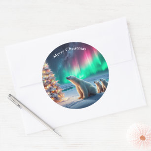 Polar Bear Mom Cubs Christmas Tree Northern Lights Classic Round Sticker