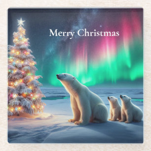 Polar Bear Mom Cubs Christmas Tree Northern Lights Glass Coaster