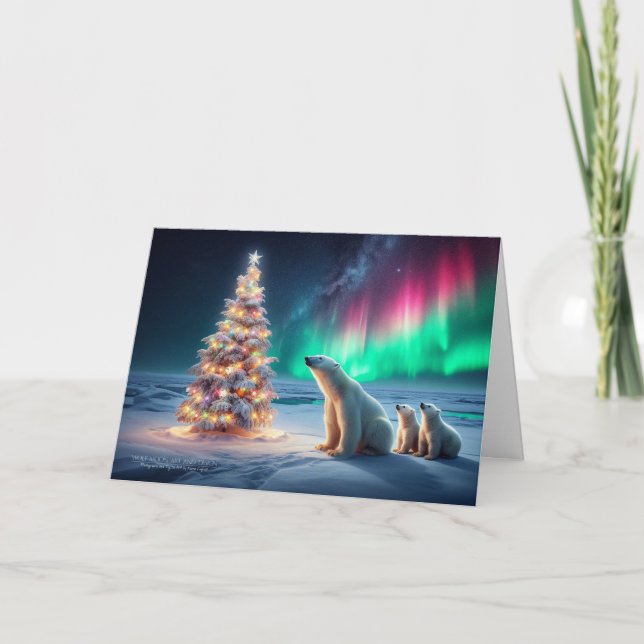 Polar Bear Mom Cubs Christmas Tree Northern Lights Holiday Card (Front)