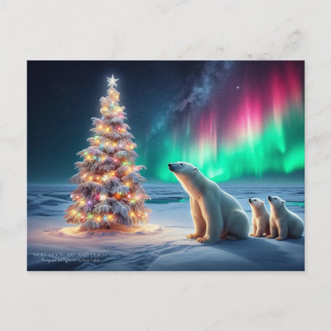 Polar Bear Mom Cubs Christmas Tree Northern Lights Holiday Postcard (Front)