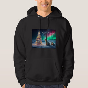 Polar Bear Mom Cubs Christmas Tree Northern Lights Hoodie