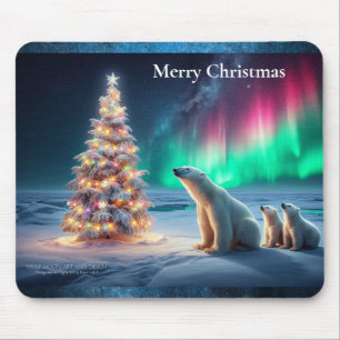 Polar Bear Mom Cubs Christmas Tree Northern Lights Mouse Pad