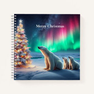 Polar Bear Mom Cubs Christmas Tree Northern Lights Notebook