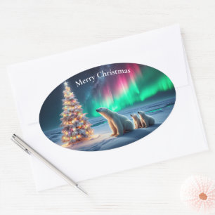 Polar Bear Mom Cubs Christmas Tree Northern Lights Oval Sticker