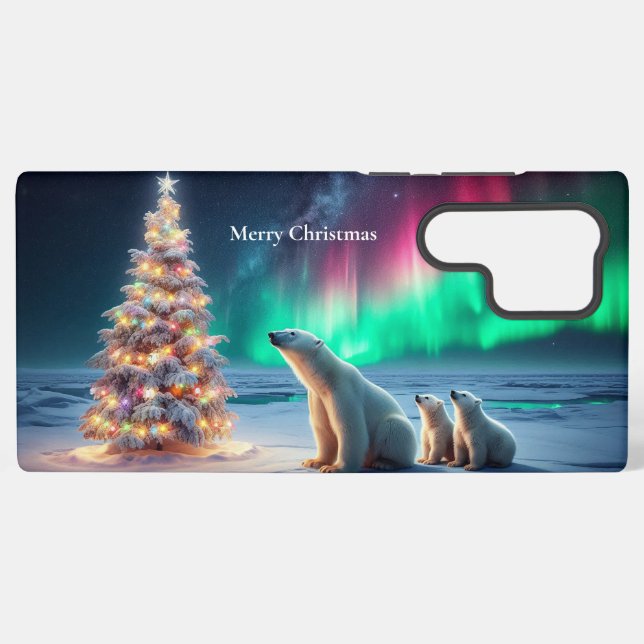 Polar Bear Mom Cubs Christmas Tree Northern Lights Samsung Galaxy S22 Ultra Case (Back Horizontal)
