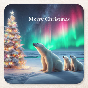 Polar Bear Mom Cubs Christmas Tree Northern Lights Square Paper Coaster