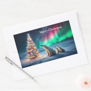 Polar Bear Mom Cubs Christmas Tree Northern Lights Sticker