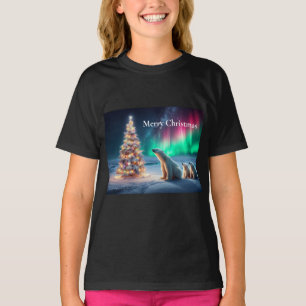 Polar Bear Mom Cubs Christmas Tree Northern Lights T-Shirt