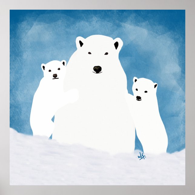 Polar Bear Mom With Cubs Illustration Poster (Front)
