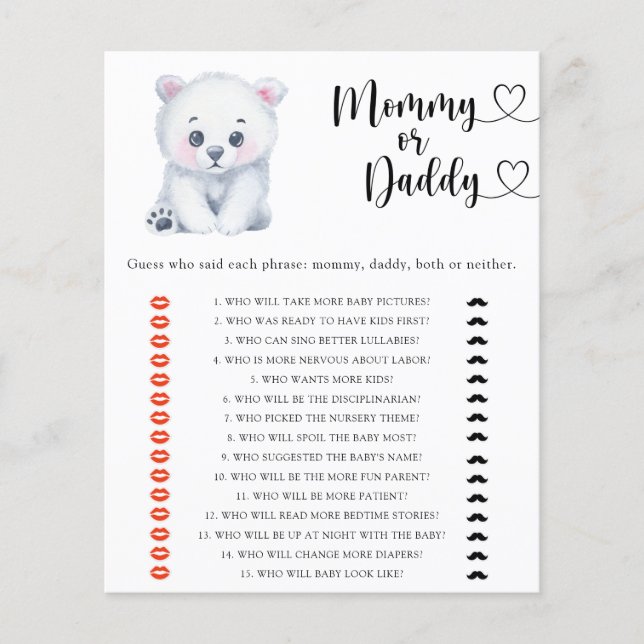 Polar bear - mommy or daddy baby shower game (Front)