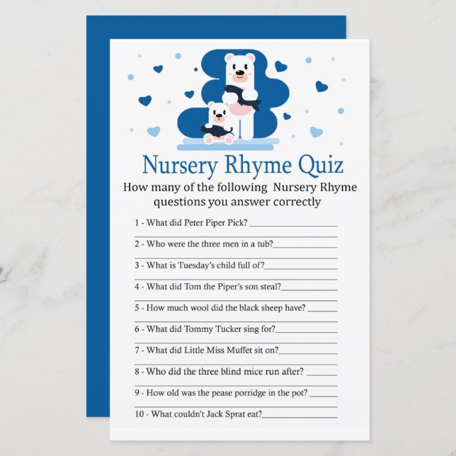 Polar bear Nursery Rhyme Quiz baby shower game (Front/Back)