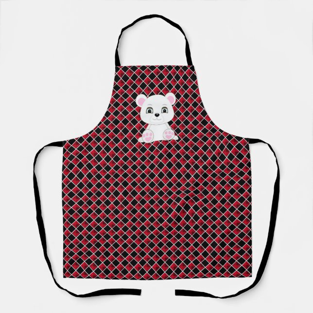 Polar bear on black and red chequered pattern apron (Front)