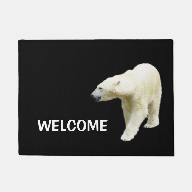Polar Bear on Black Welcome Doormat (Front)