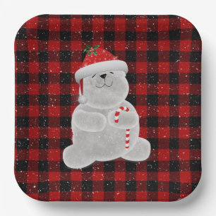Polar Bear on Buffalo Plaid   Paper Plate