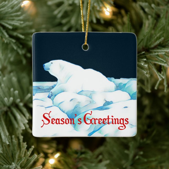 Polar Bear On Ice - Season's Greetings Ceramic Ornament (Tree)
