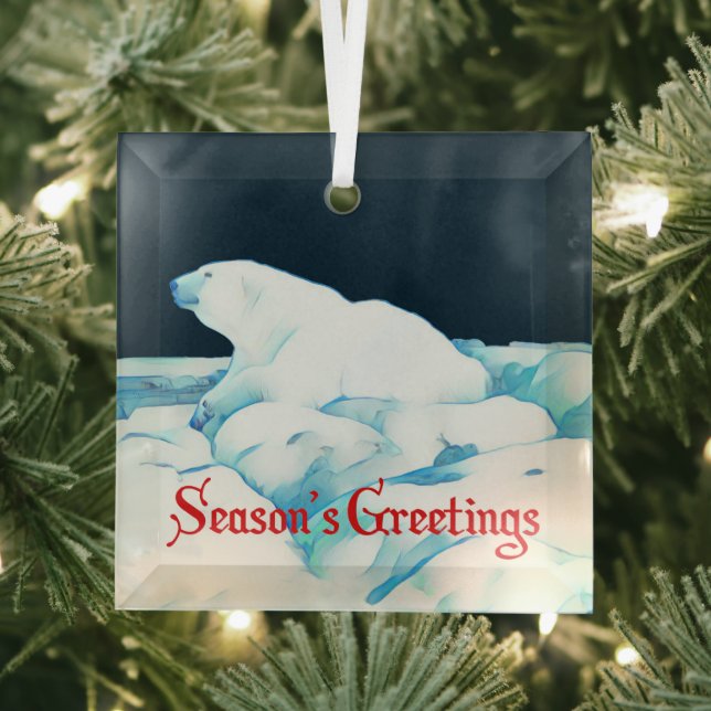 Polar Bear On Ice - Season's Greetings Glass Ornament (Insitu)