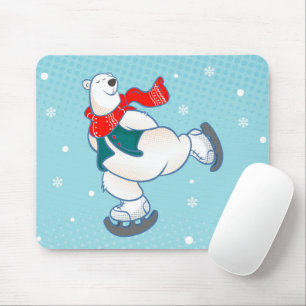 Polar bear on ice skates mouse pad