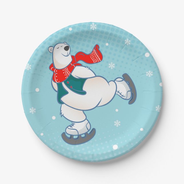 Polar bear on ice skates paper plate (Front)