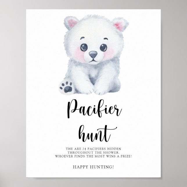 Polar bear - pacifier hunt baby shower game poster (Front)