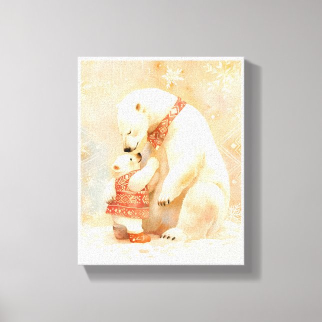 Polar Bear Parent and Cub Winter Embrace Nursery Canvas Print (Front)