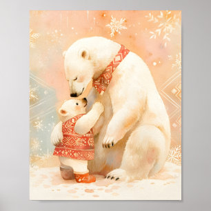 Polar Bear Parent and Cub Winter Embrace Nursery Poster