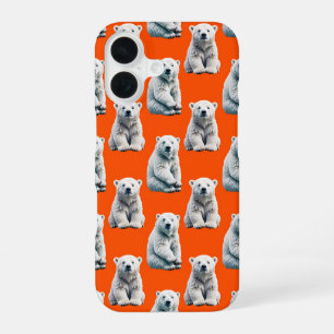 Polar Bear Pattern Design On Orange iPhone 16 Case