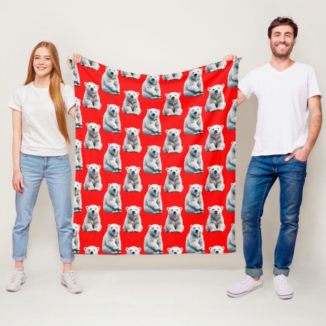 Polar Bear Pattern Design On Red  Fleece Blanket (Creator Uploaded)