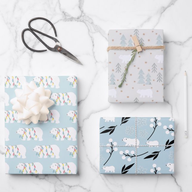 Polar Bear Patterns Blue Christmas Holiday Wrapping Paper Sheet (Front)