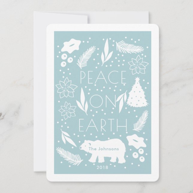 Polar Bear Peace on Earth Blue Christmas Card (Front)
