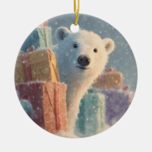 Polar Bear Peeking from Behind a Stack of Presents Ceramic Ornament