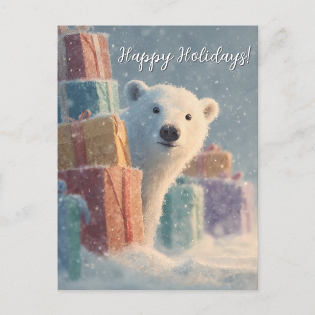 Polar Bear Peeking from Behind a Stack of Presents Postcard (Front)