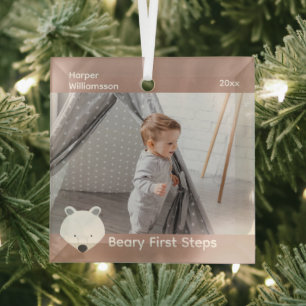 Polar Bear Photo Baby First Steps Christmas Glass Ornament