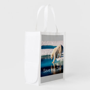 Polar Bear Photo Typography Global Warming Cool  Reusable Grocery Bag