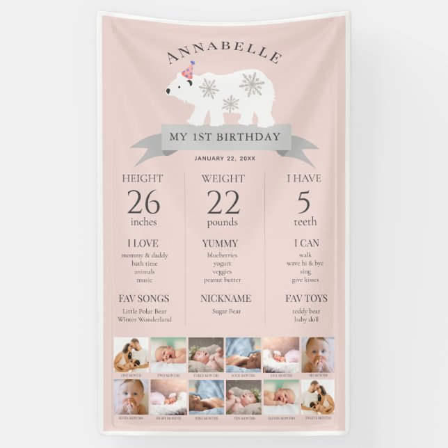 Polar Bear Pink 1st Birthday Milestone Timeline Banner (Vertical)