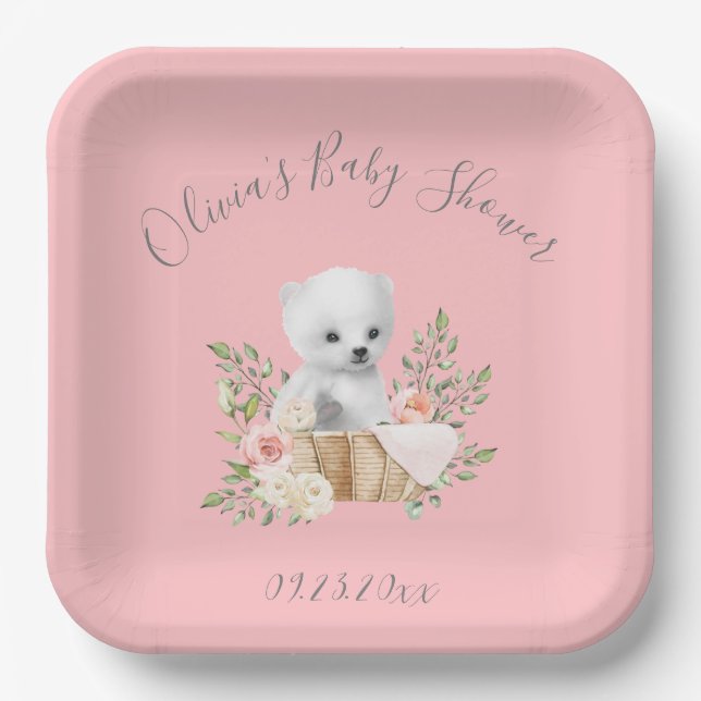 Polar Bear Pink Baby Shower Paper Plates (Front)