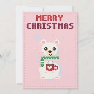 Polar Bear Pink Pixel Art Christmas Card