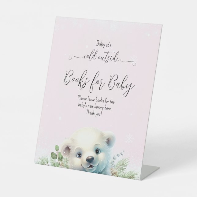 Polar Bear Pink Snow Winter Baby Shower Pedestal Sign (Front)