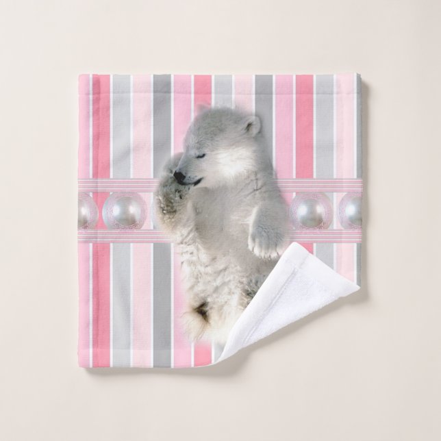 Polar Bear Pink Stripe Bathroom Towel Sets (Wash Cloth)