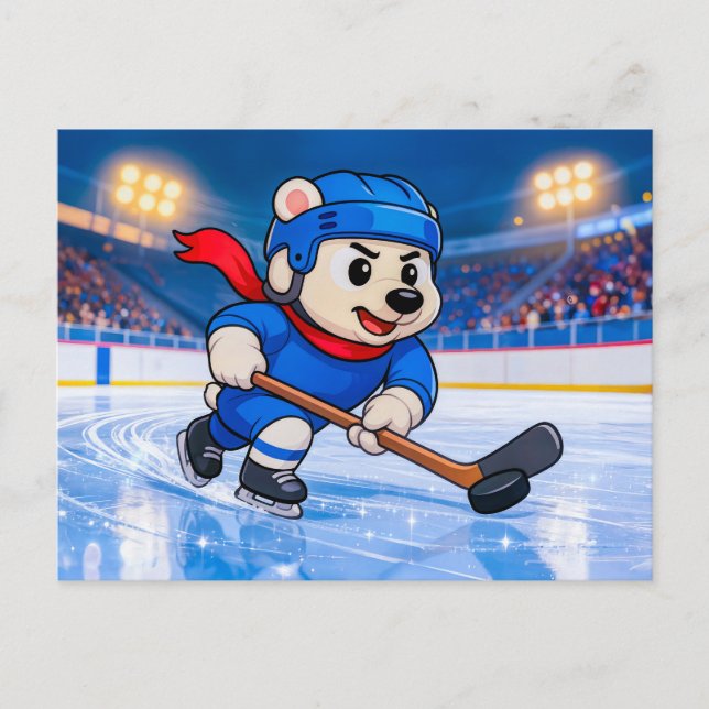 Polar Bear Playing Ice Hockey on a Frozen Rink Postcard (Front)