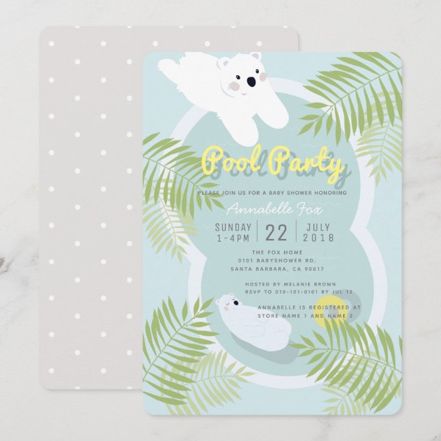 Polar Bear Pool Party Blue Baby Shower Invitation (Front/Back)