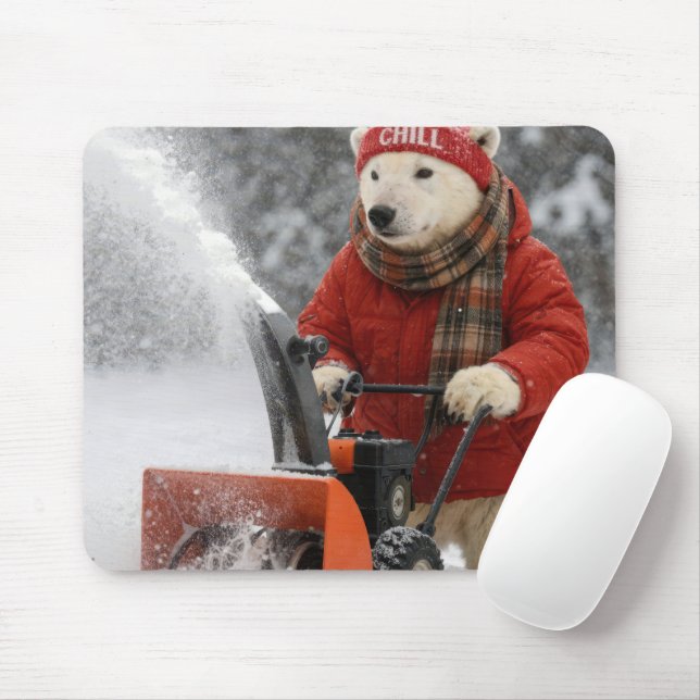 Polar Bear Pushing a Snowblower Mouse Pad (With Mouse)