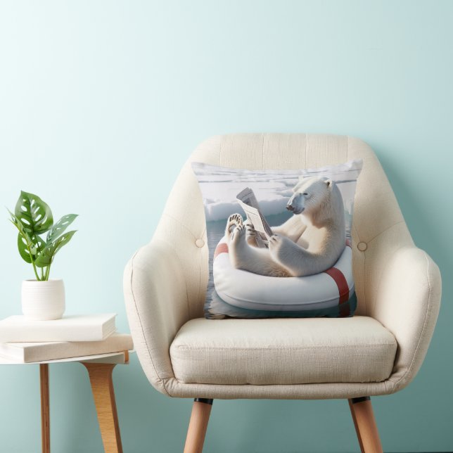 Polar Bear Reading a Newspaper Throw Pillow (Chair)