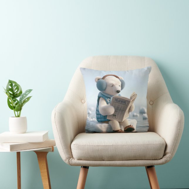 Polar Bear Reading a Newspaper Throw Pillow (Chair)