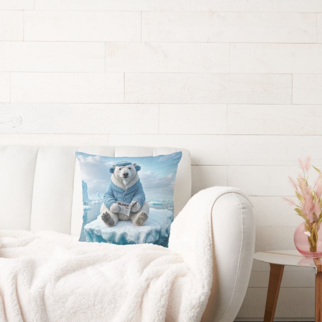 Polar Bear Reading The Newspaper Throw Pillow (Couch)